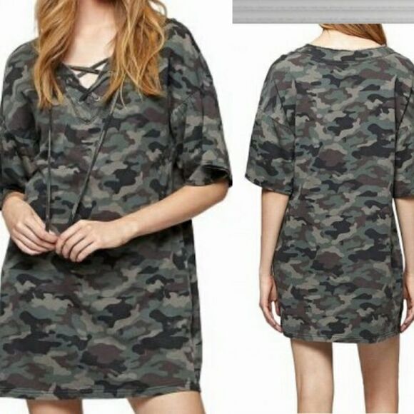 Sanctuary Oversized Camo army print lace up dress Medium - Picture 1 of 8